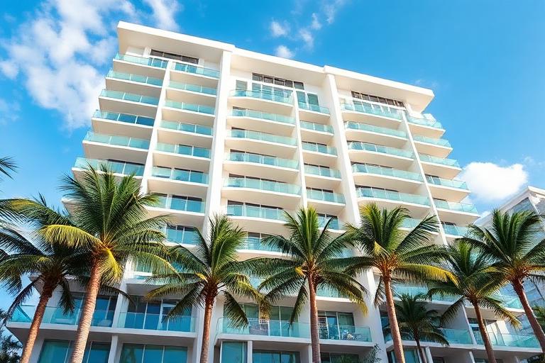 Torre de condominios en Miami con balcones y vista a Biscayne Bay