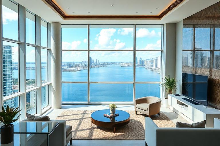 Sala de una unidad de condominio en Miami con ventanales del piso al techo