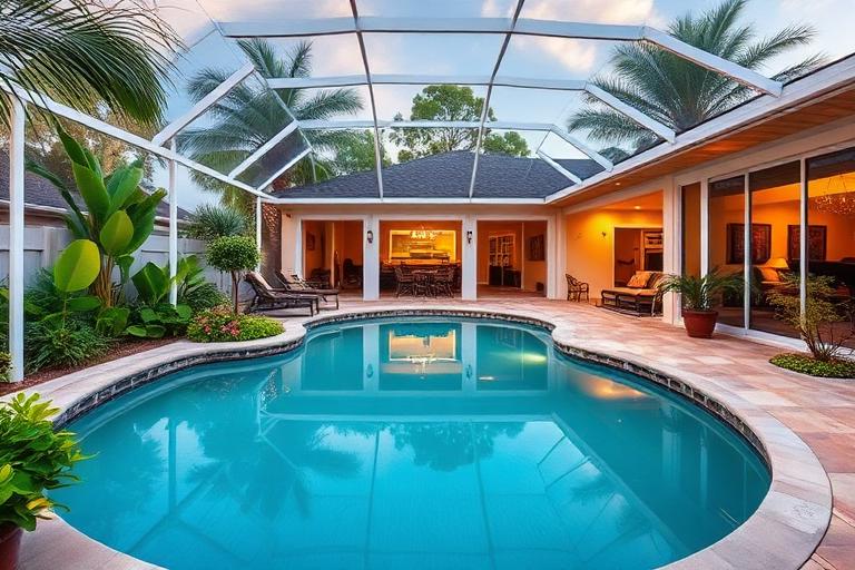 Estilo de vida ao ar livre na Flórida com propriedade à beira-mar com piscina e paisagismo tropical