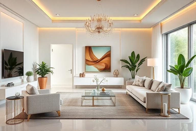 Sala de estar en Miami preparada y ordenada para una visita de compradores