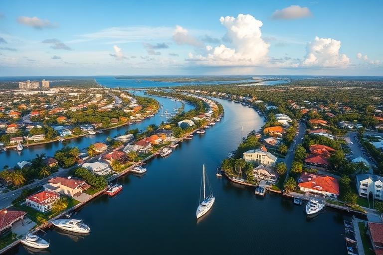 Panorama inmobiliario del sur de Florida mostrando propiedades de lujo frente al agua a lo largo del Intracoastal Waterway