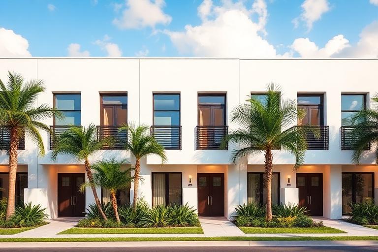 Casas adosadas en venta en Miami en comunidad cerrada moderna con paisajismo tropical